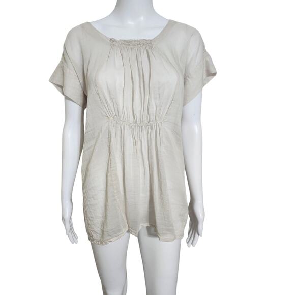 Momoni Medium Peasant Cotton Silk Sheer Lagenlook Blouse Beige Hi Low Hem Top - Picture 2 of 10